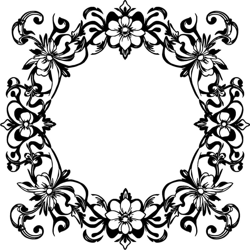 ornate floral frame a symmetrical black and white illustration with decorative botanical elements forming a circular border. vector