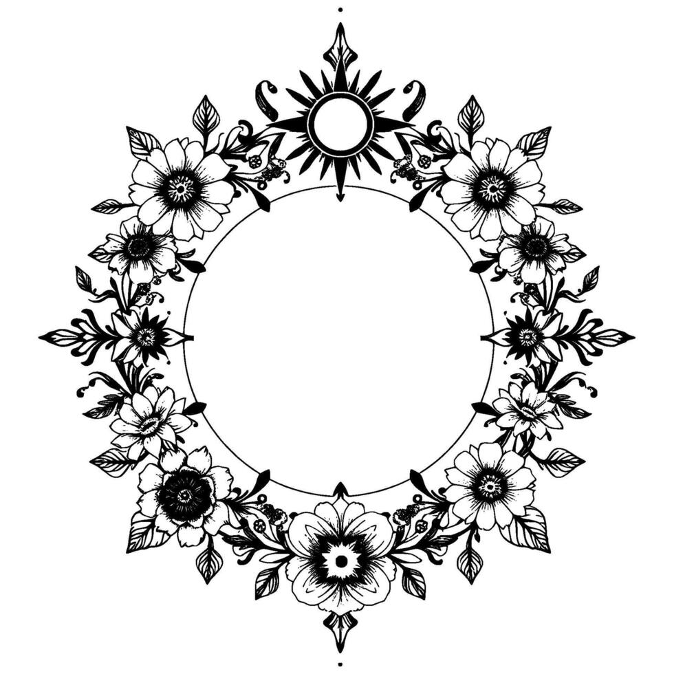 elegant circular floral frame black ink drawing featuring a sunburst crown, detailed blooms, and ornate leafy vines, creating a classic, decorative border. vector