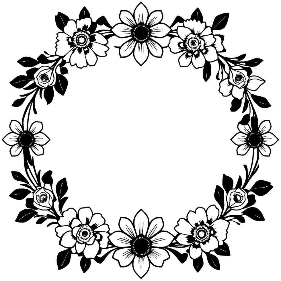 elegant black and white floral wreath, a botanical frame of blooms and foliage, perfect for invitations and designs. vector