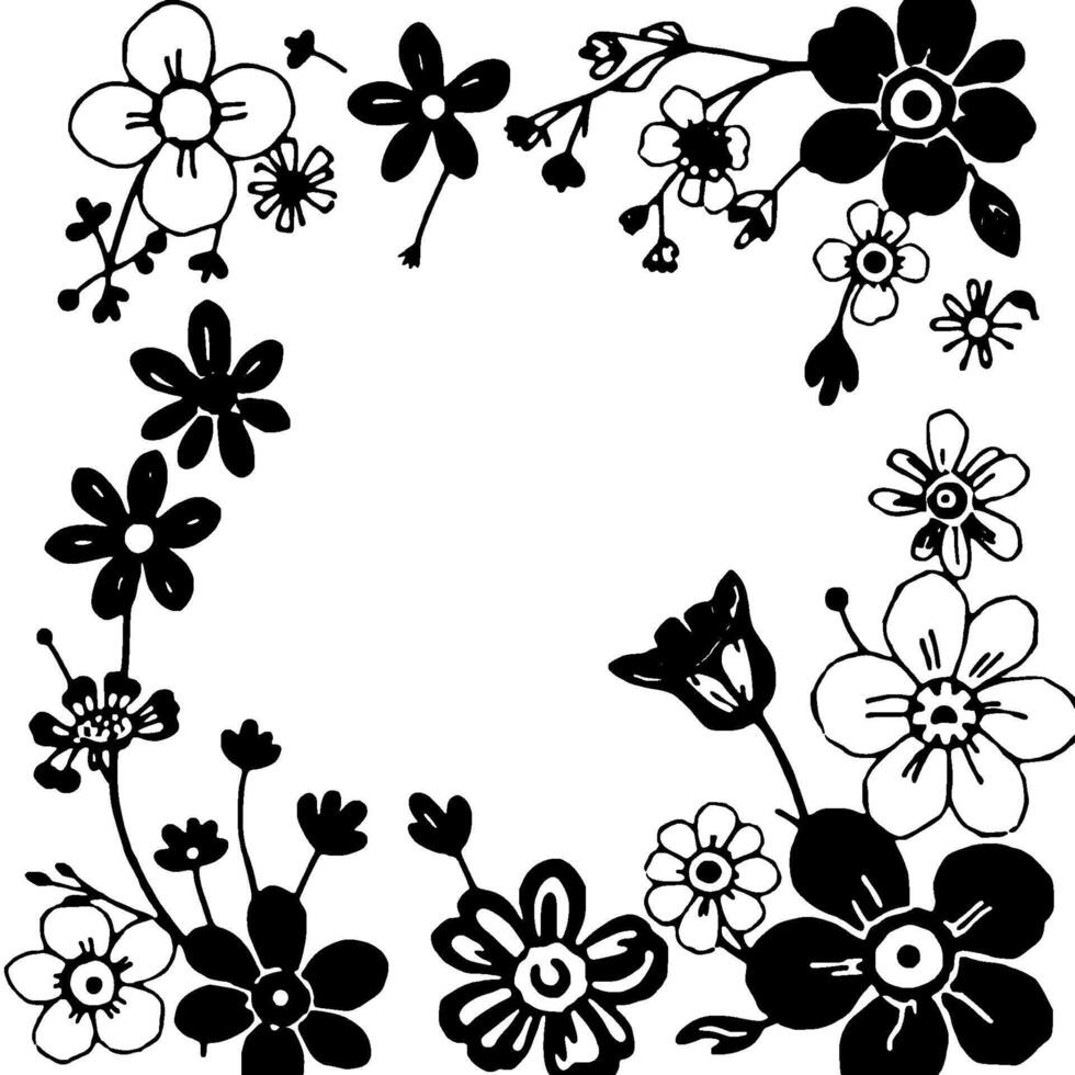 intricate black and white floral border with diverse flower shapes, creating a delicate, artistic, and decorative framing element. vector