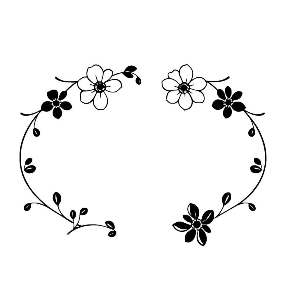black and white floral frame, symmetrical , featuring delicate flowers and leaves, creating an elegant and natural border. vector