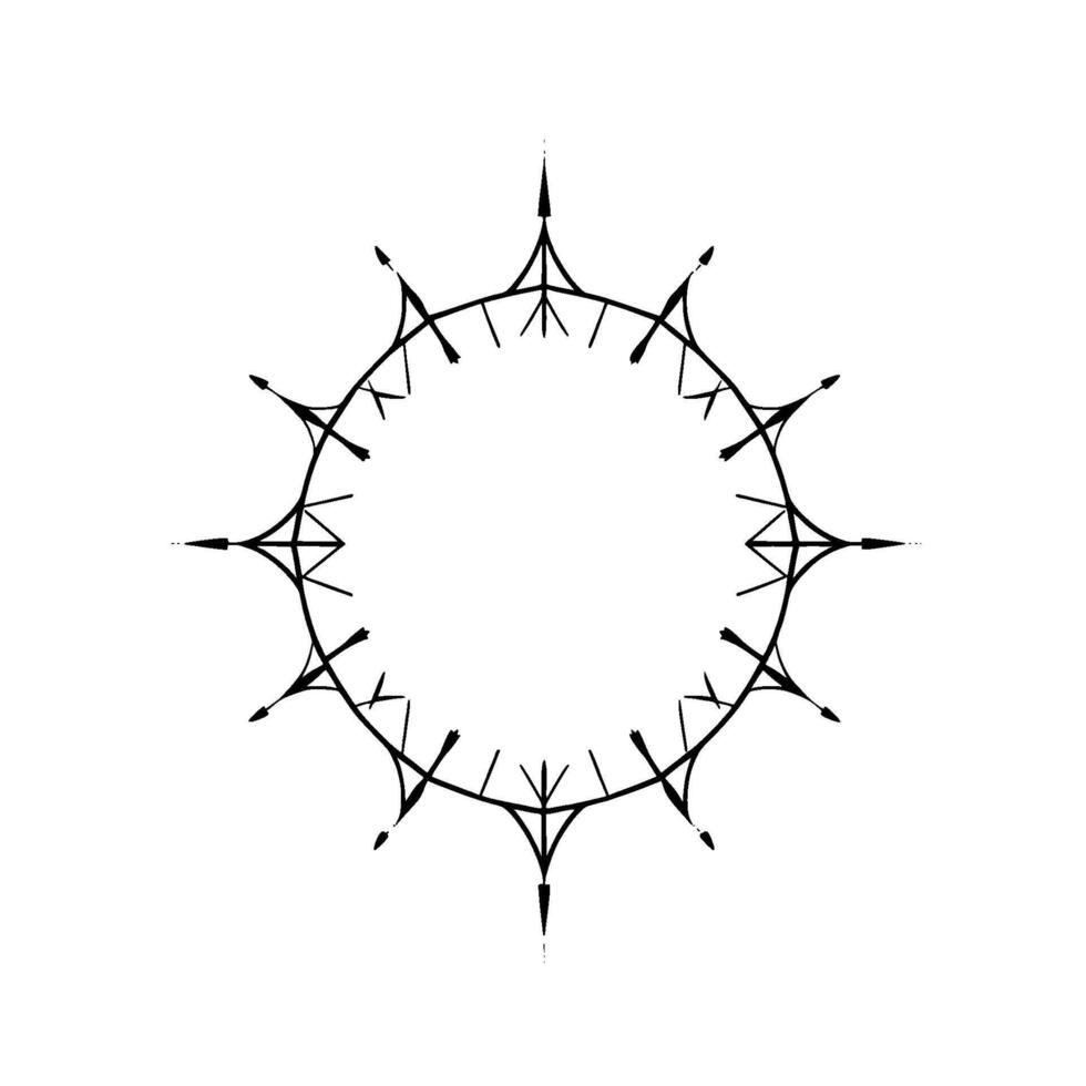 abstract circular geometric with radial symmetry, featuring pointed arrowlike extensions and a minimalist aesthetic against a white background. vector