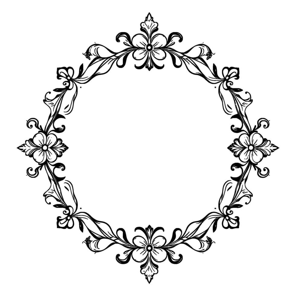 ornate black and white circular floral frame border on white background, featuring detailed line art and symmetry. vector