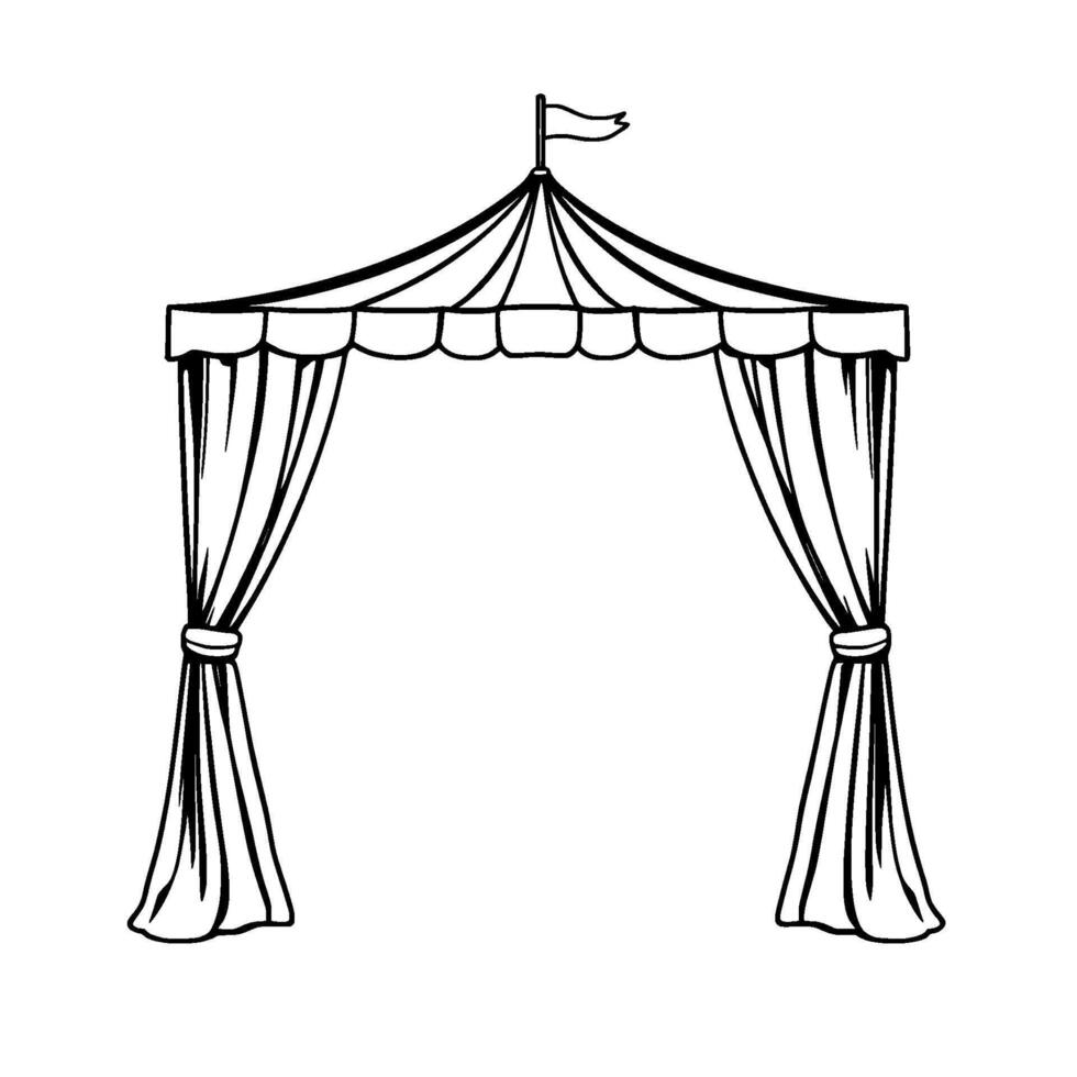 a whimsical black and white illustration of a classic circus tent entrance featuring arched canopy, draped curtains, and a flag. vector