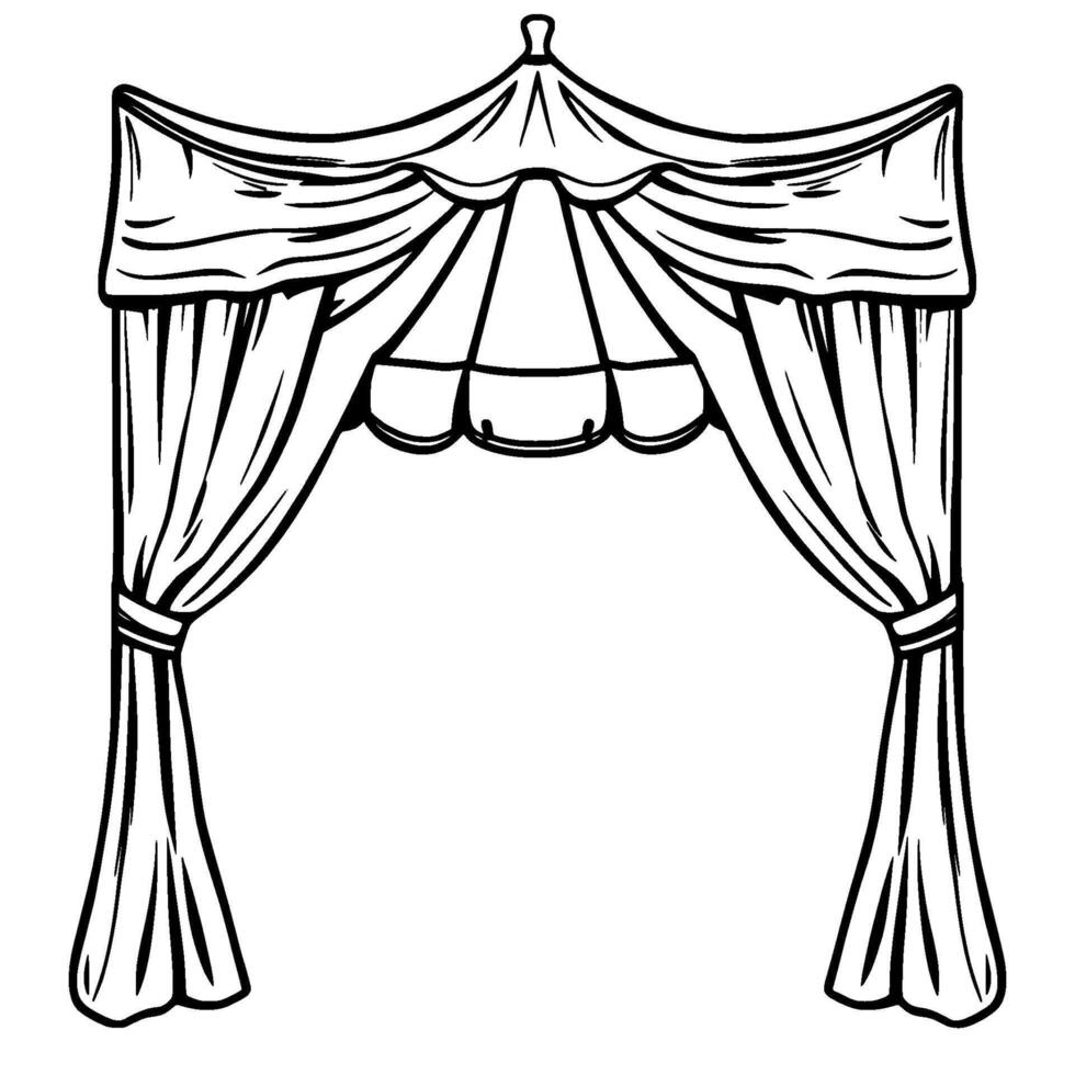 a detailed black and white illustration of ornate fabric curtains, drapery, and a decorative canopy top with a finial. vector