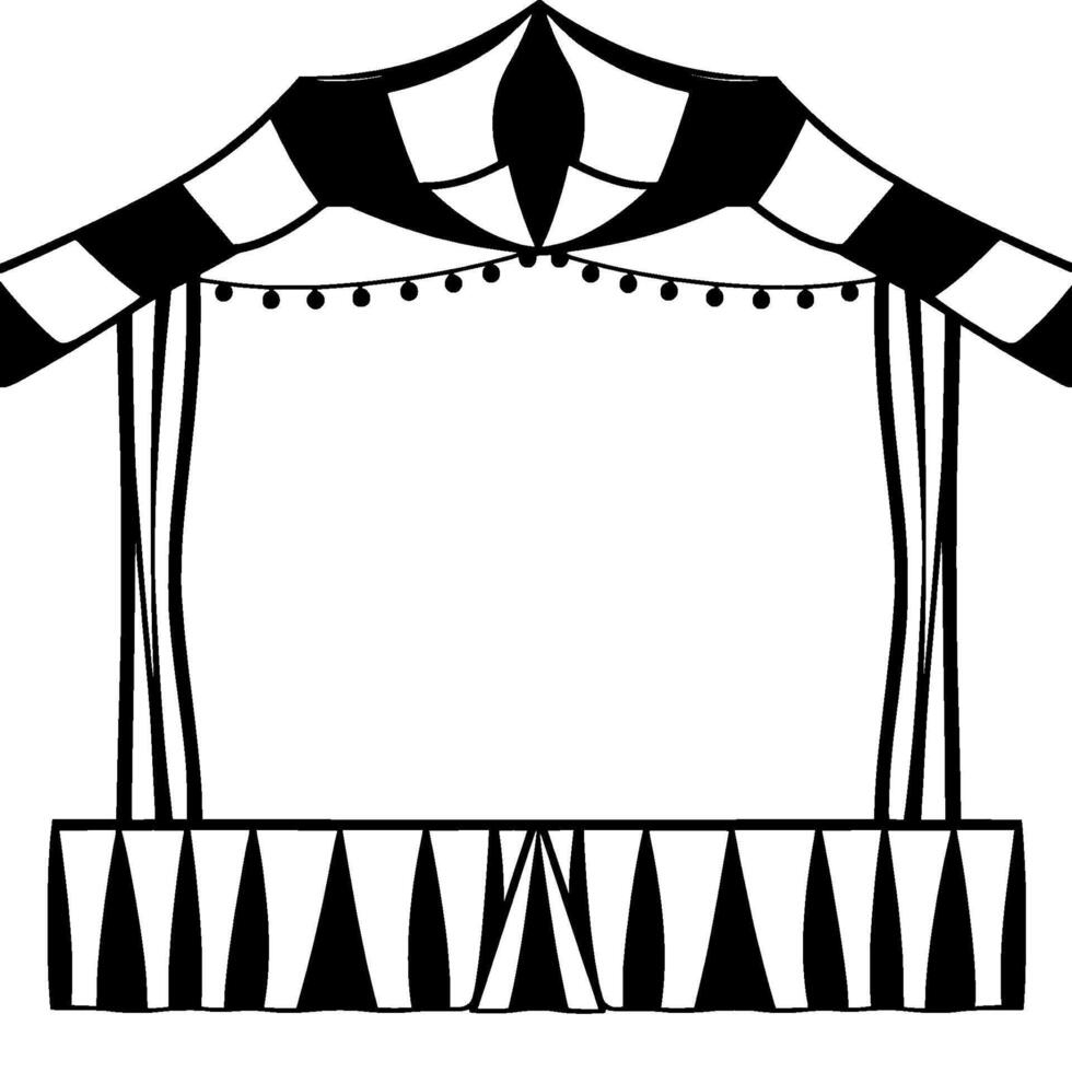 black and white circus tent stage, with checkered roof, strings of lights, and striped platform, illustration. vector