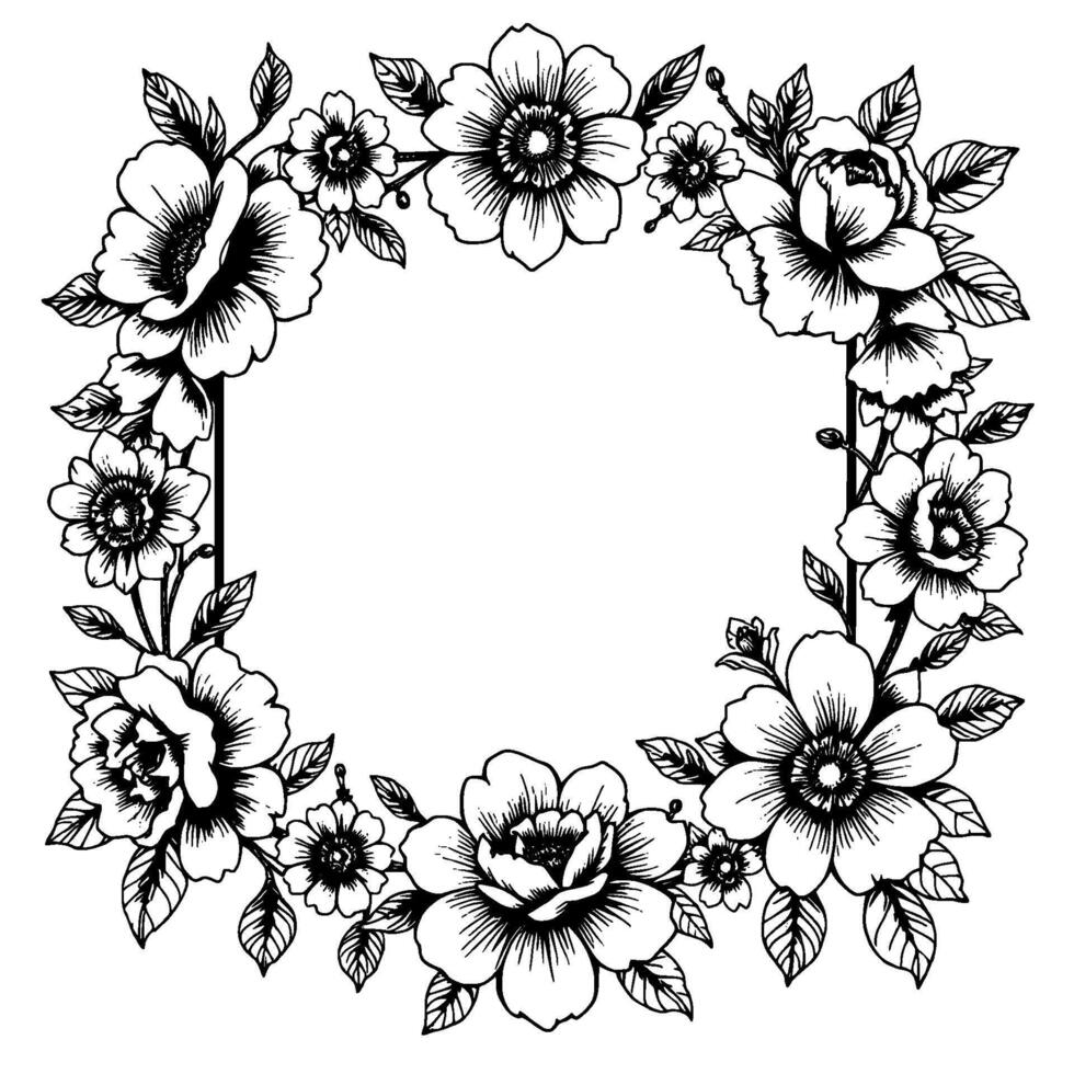 intricate black and white floral frame detailed ink drawing of flowers and foliage bordering a blank oval space. vector