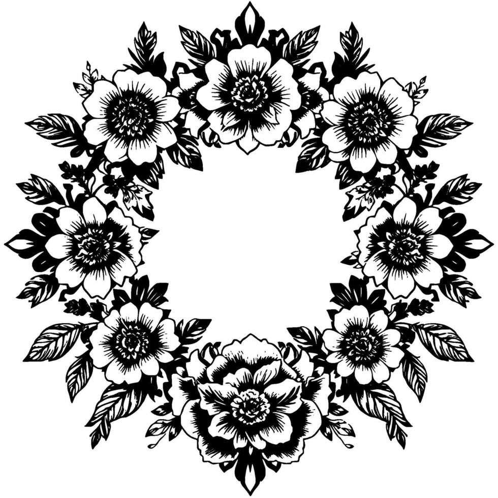 intricate black and white floral wreath a symmetrical illustration featuring detailed flower blossoms and leaves, arranged in a circular composition on a white background. vector