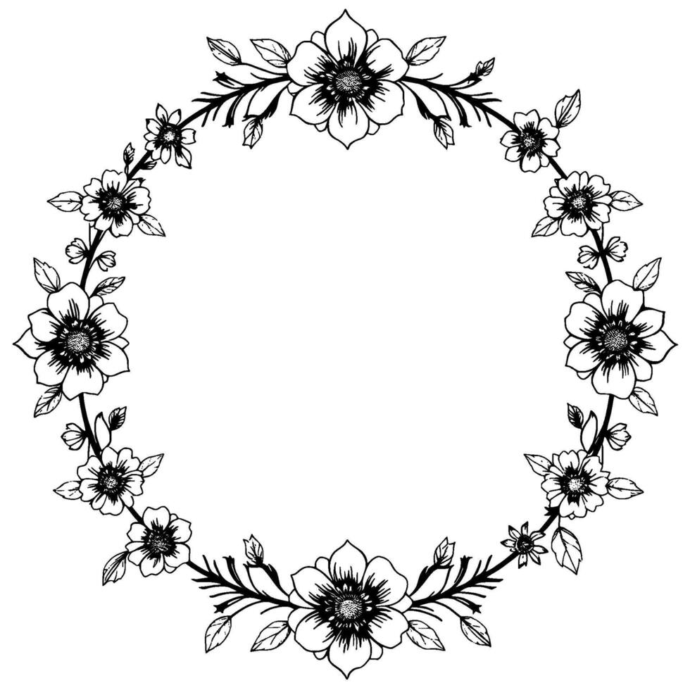 intricate black and white floral wreath detailed ink drawing of a circular botanical frame with flowers, leaves, and branches. vector