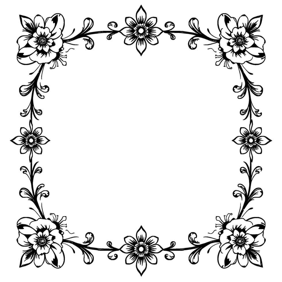 ornate black and white floral square frame with detailed line art and elegant scrollwork border, centered on white background. vector