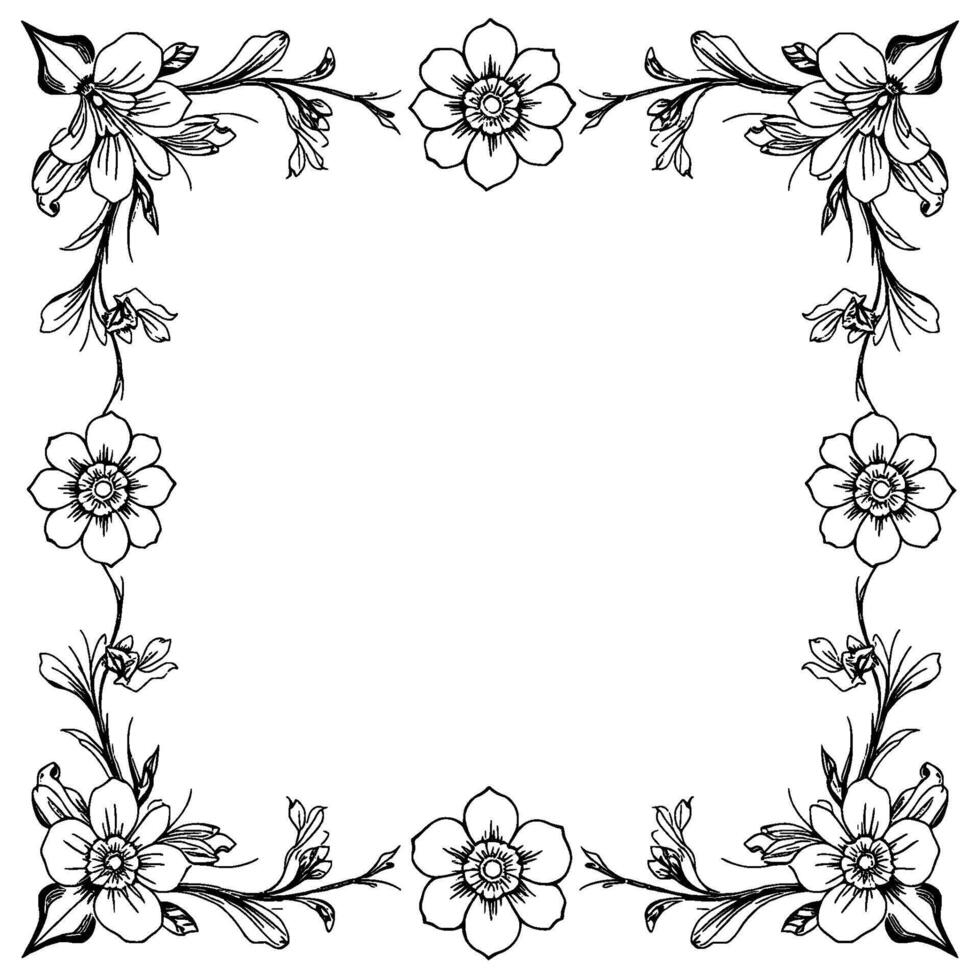 intricate floral frame border delicate black and white illustration of blooming flowers and foliage, artistic arrangement vector