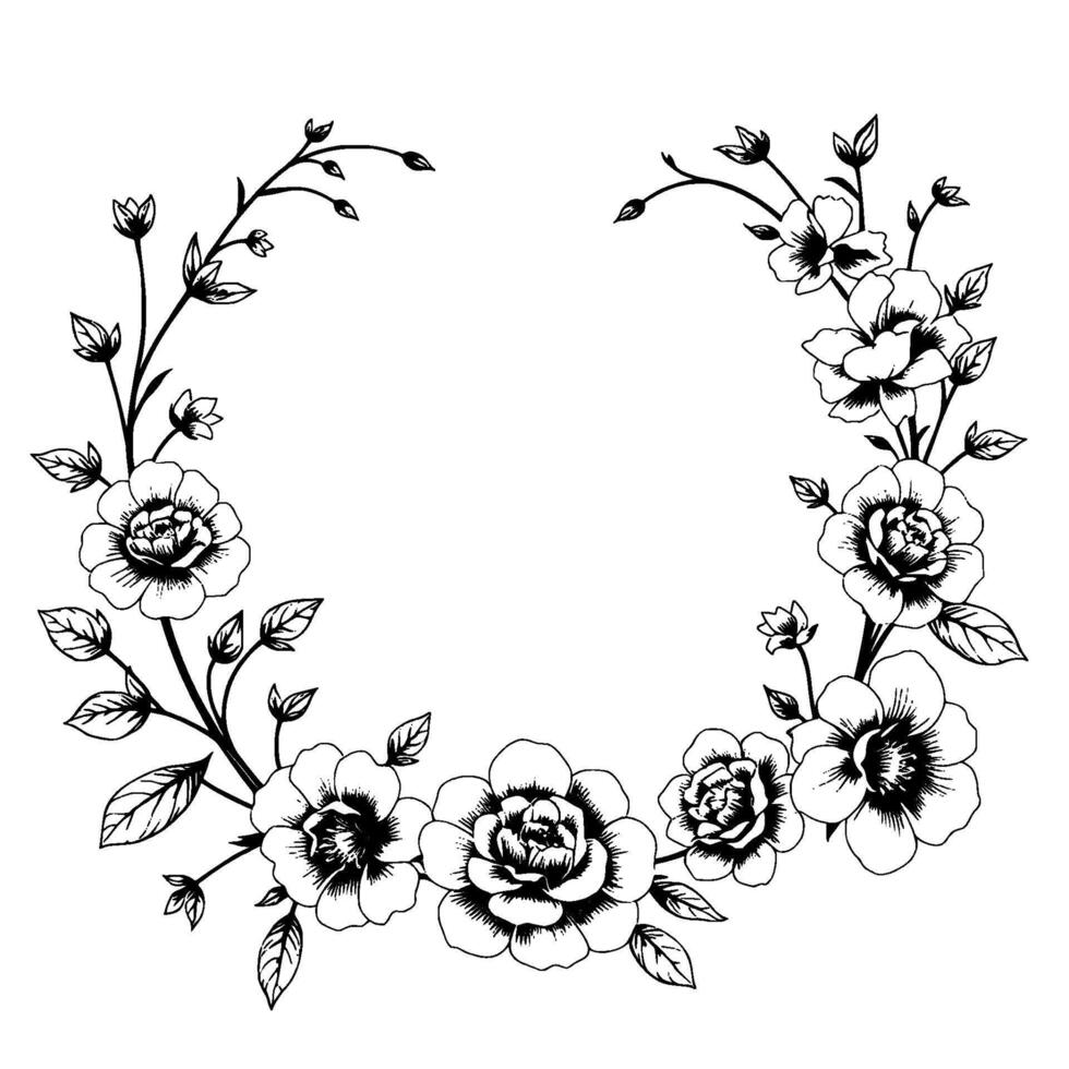elegant black and white floral wreath detailed line art with roses, leaves, and delicate branches on a white background. vector