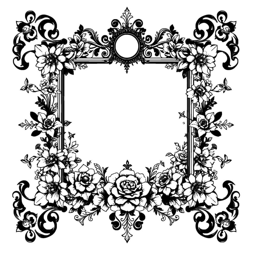 ornate black and white floral frame with a square center, detailed botanical illustration for elegant elements. vector