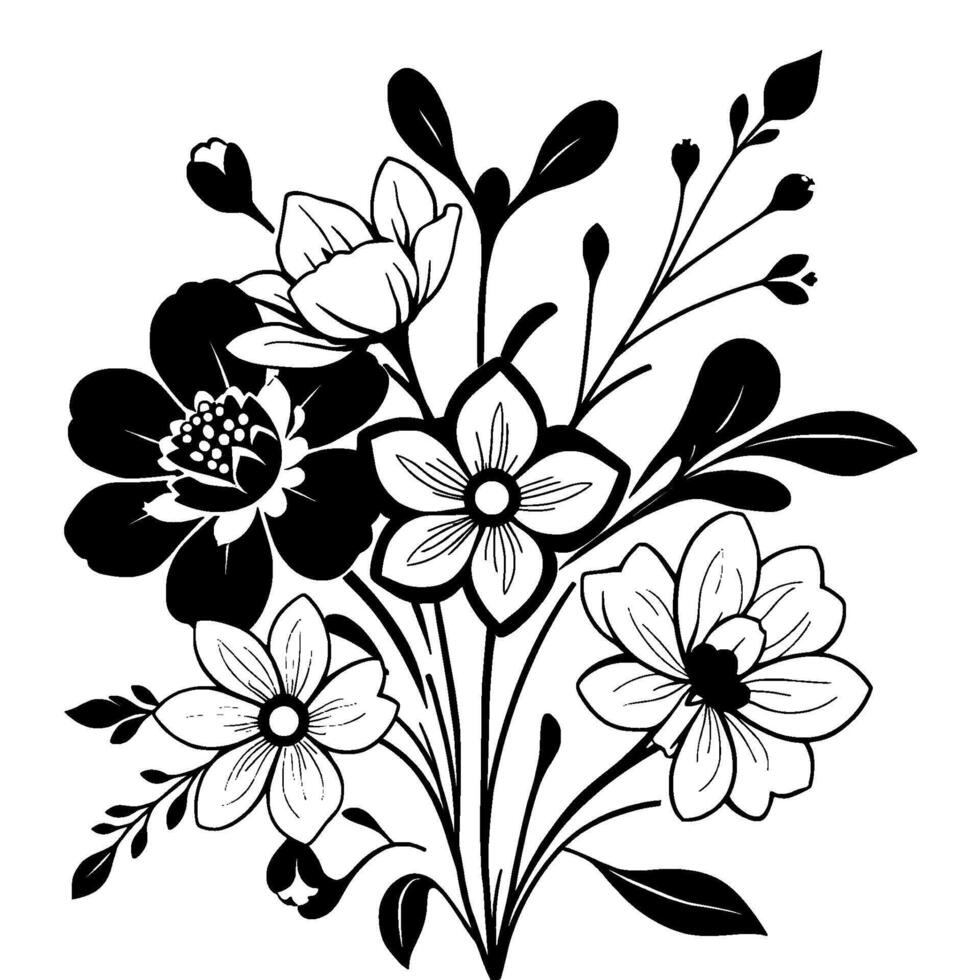 elegant black and white illustration of diverse stylized flowers and foliage arranged in a lush bouquet. vector