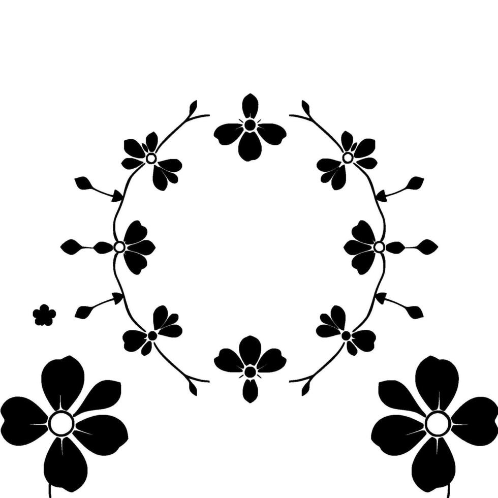 intricate black floral wreath and scattered blossom on a white background with minimalist aesthetics. vector