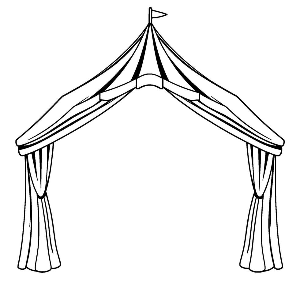 a simple, black and white line art illustration of a circus entrance, complete with a peaked roof, curtains, and a tiny flag on top. vector