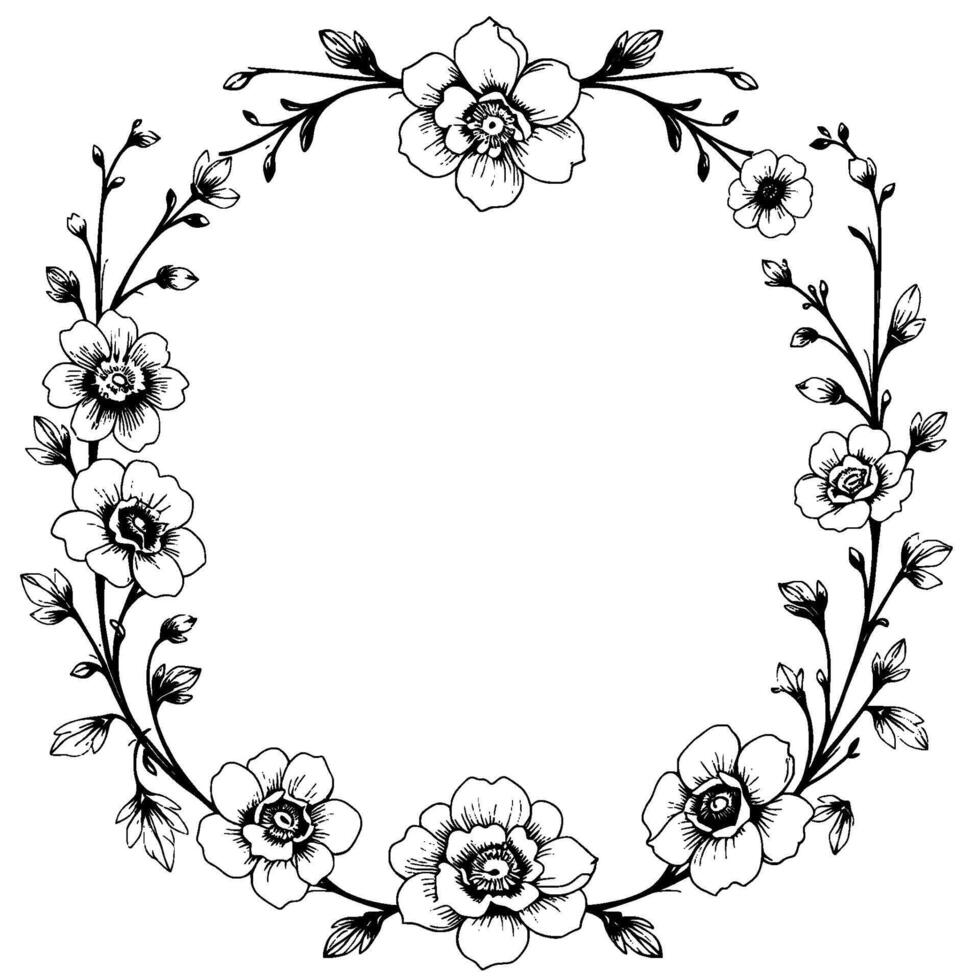 elegant black and white floral wreath handdrawn delicate flowers and foliage bordering a circle frame. vector