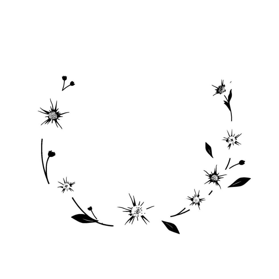 artistic monochrome floral wreath with stylized daisies, leaves, and buds in a minimalist on white background. vector