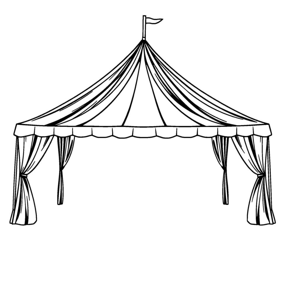 illustration of a black and white circus tent with a flag, scalloped trim, and draped curtains on a white background. vector