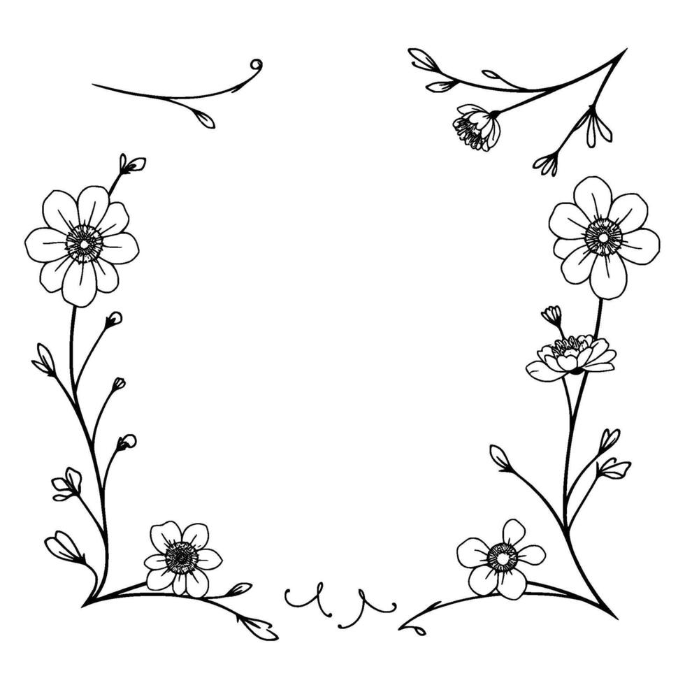 delicate botanical line art floral square border with handdrawn flowers, leaves, and twigs in monochrome. vector