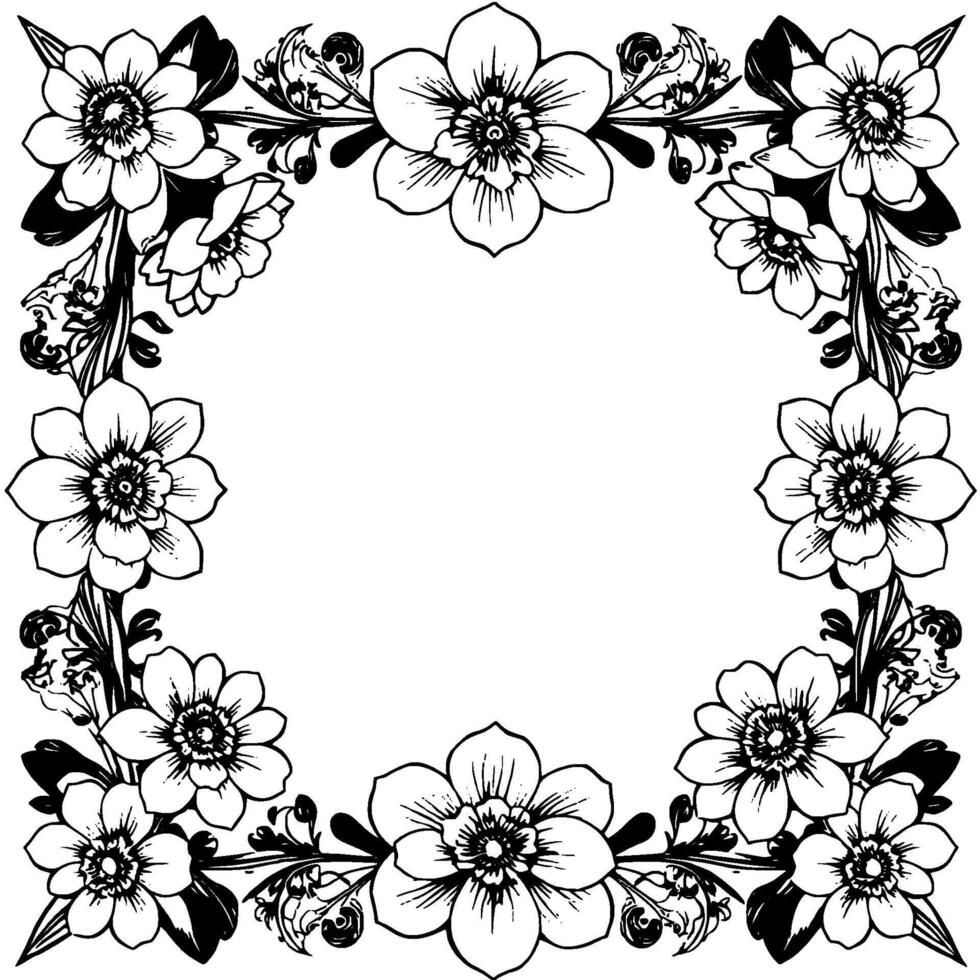 intricate floral frame in black and white an elegant, symmetrical arrangement of stylized blossoms and ornamental foliage, perfect for borders. vector