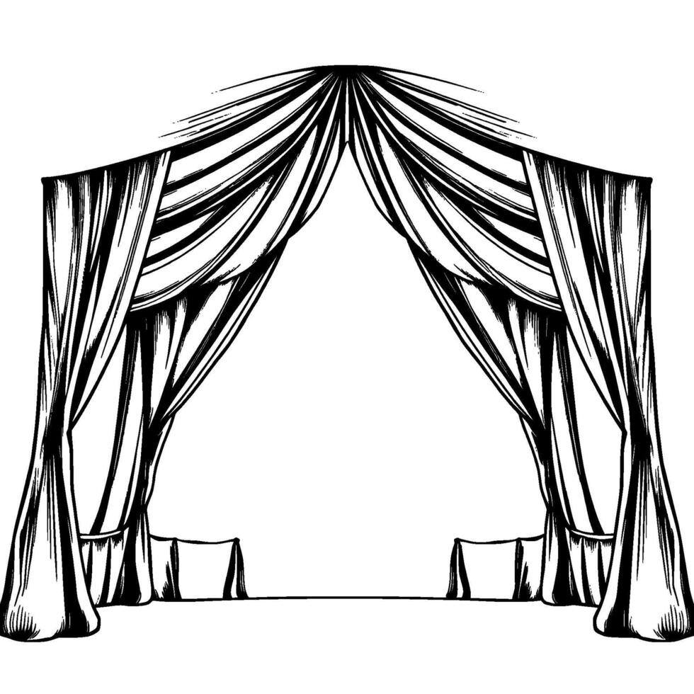 elegant black and white curtain archway illustration with detailed linework, draped fabric, and empty space. vector