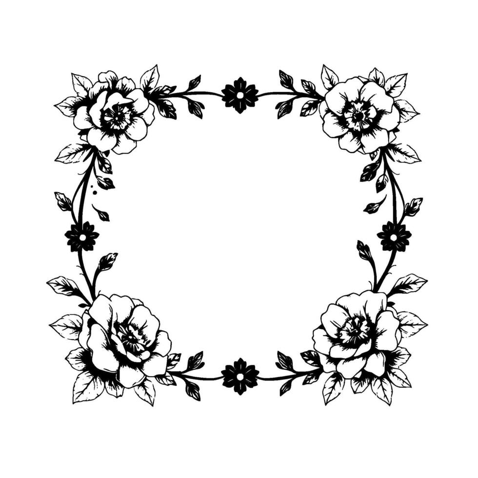 ornate black and white floral frame detailed line art of roses, leaves, and smaller blossoms forming a square border on a white background. vector