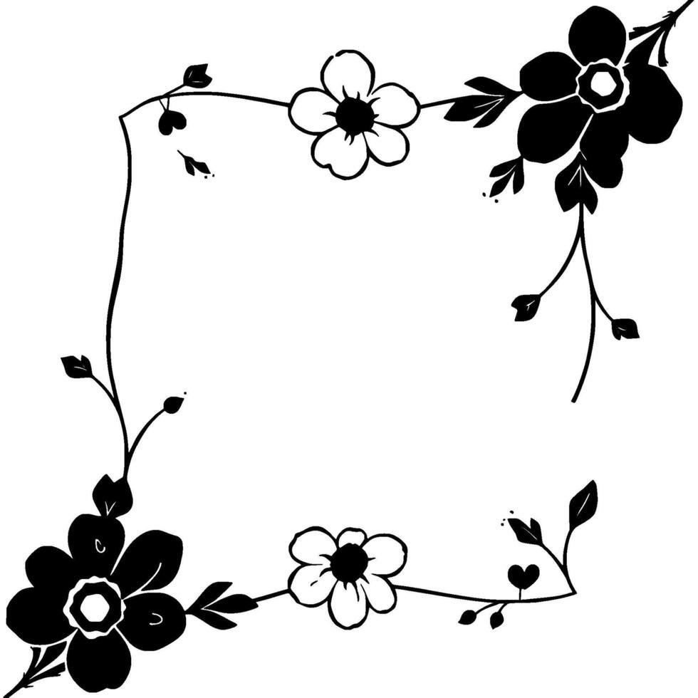 black and white floral frame elegant of flowers, leaves, and branches forming a decorative border. vector
