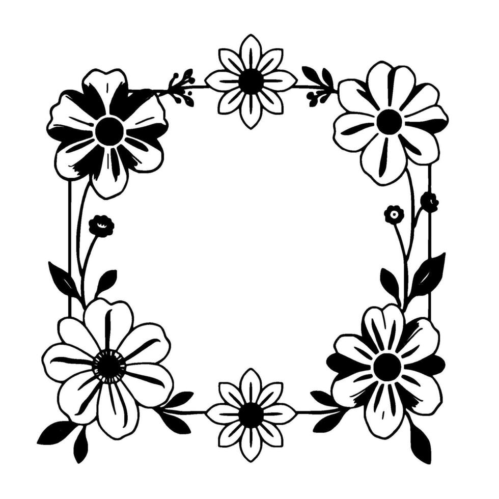 intricate black and white floral frame a square border composed of stylized flowers, leaves, and stems. vector