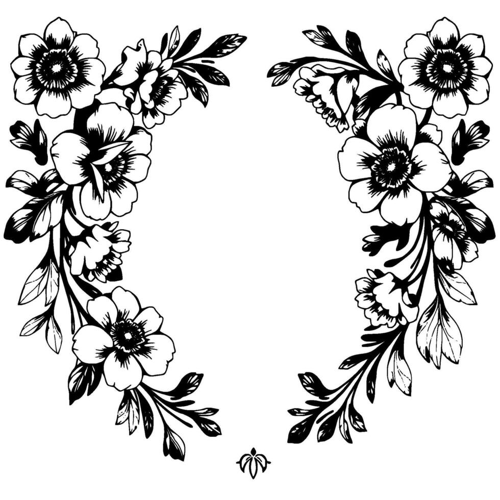 elegant black and white floral border symmetrical with detailed flower illustrations, leaves, and a decorative accent. vector