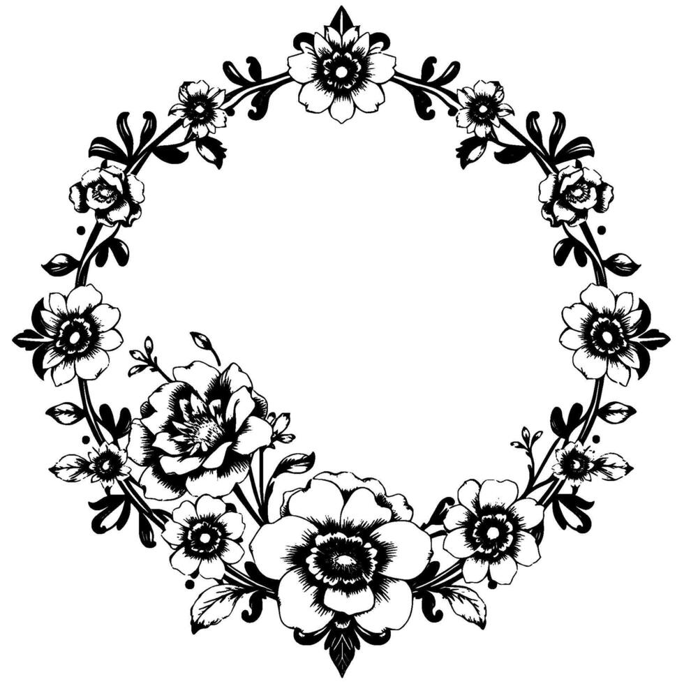 intricate black and white floral wreath with detailed petals and leaves forming a circular frame. vector