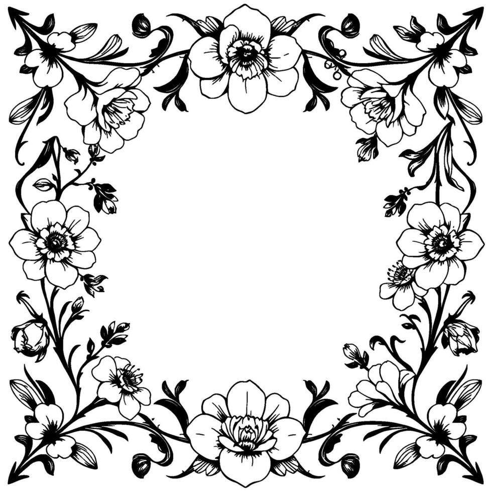ornate floral border detailed black and white drawing of blossoms, vines, and foliage forming a square frame. vector