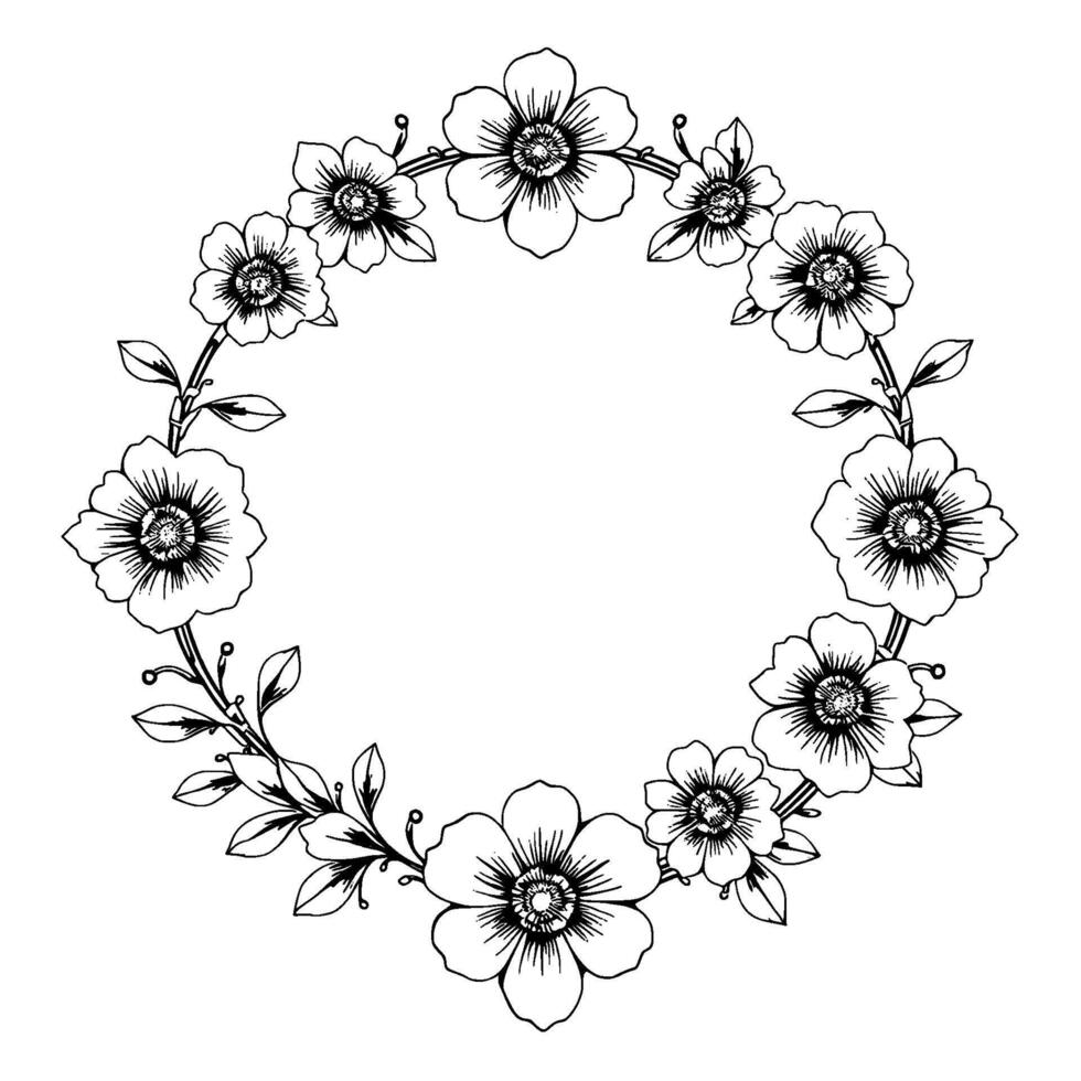 intricate black and white floral wreath illustration featuring detailed botanical elements in a circular arrangement, perfect for elements. vector