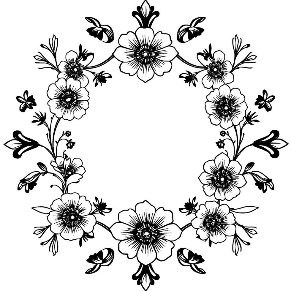 intricate floral wreath black and white ink drawing of a symmetrical flower arrangement with detailed blossoms and leaves forming a circular pattern. vector