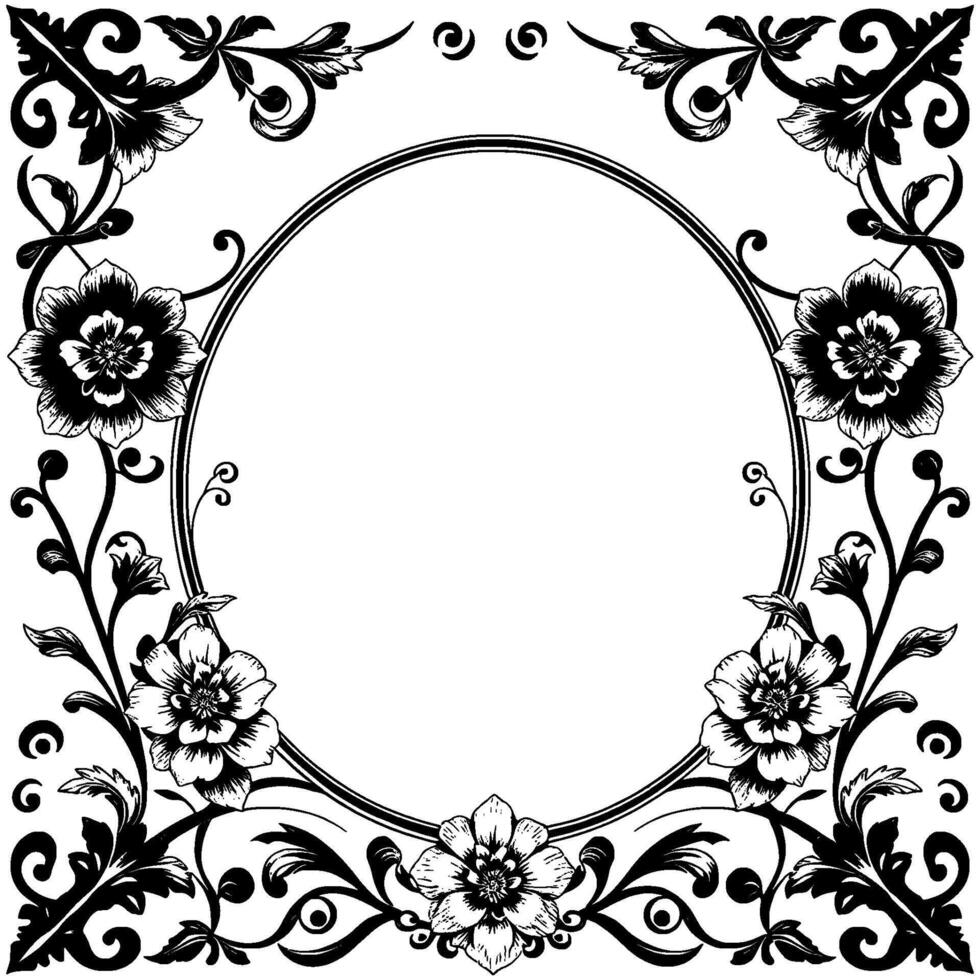 intricate black and white floral frame featuring a central circle, detailed foliage, and baroque style elements. vector