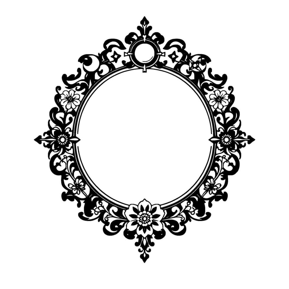 intricate black and white circular frame with floral and swirl , ornamental border, elegant, isolated on white. vector