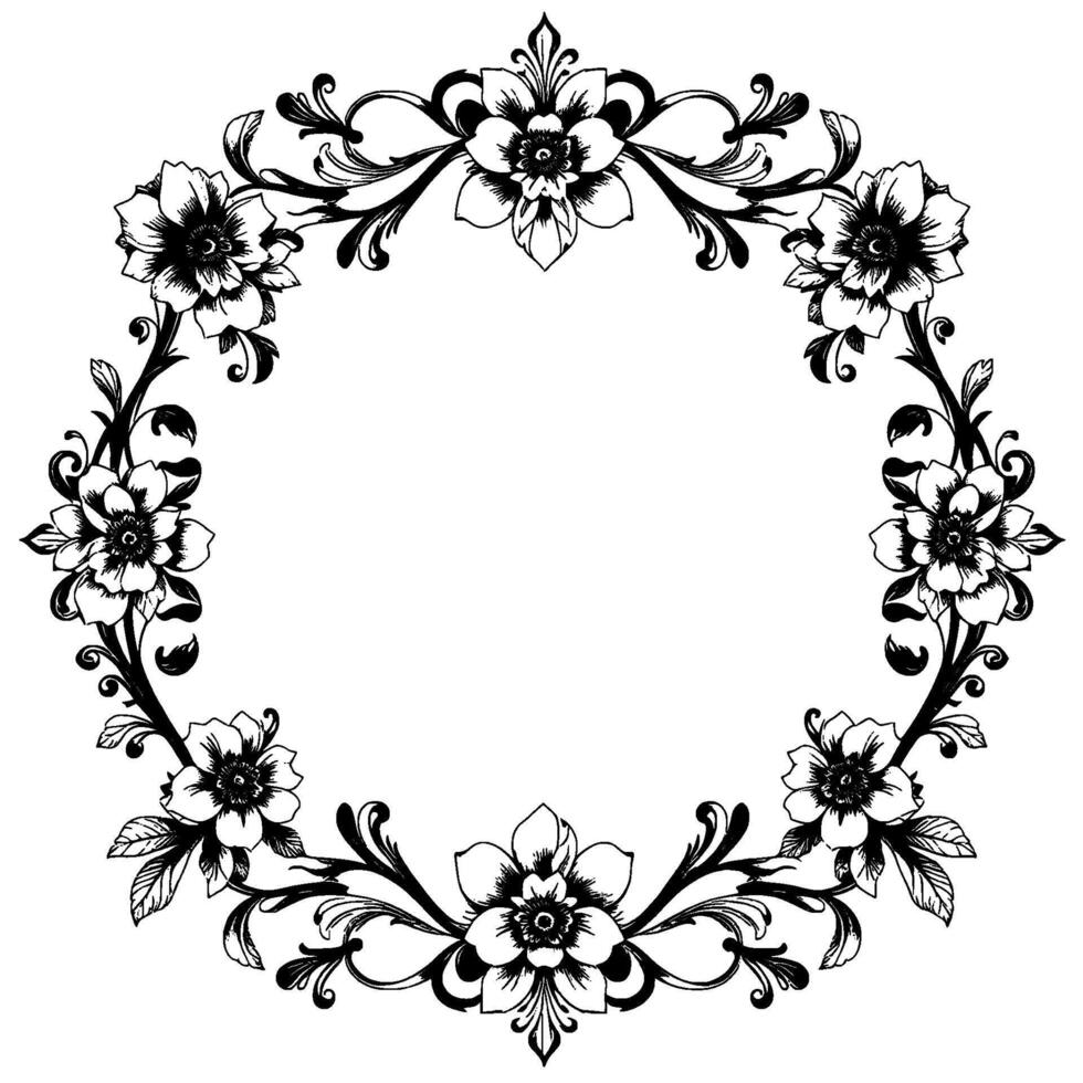 intricate monochrome floral wreath illustration detailed flower vine border, elegant circular frame, classic . vector