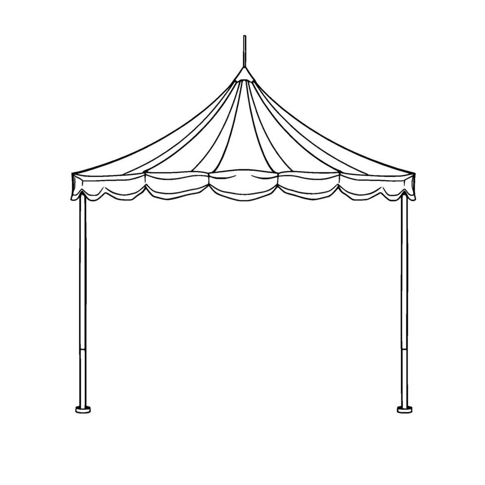 a detailed black and white line drawing of a circusstyle tent, with a scalloped edge and four support poles. vector