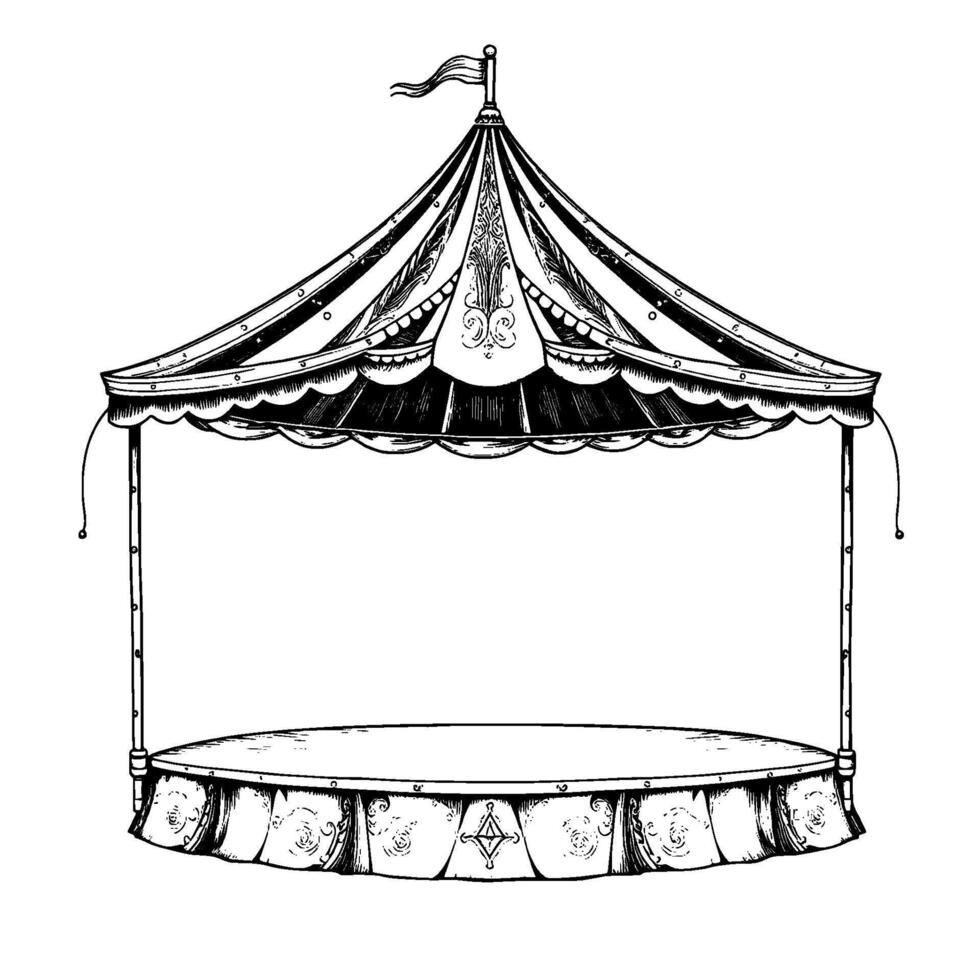 detailed black and white ink illustration of a vintage circus tent and stage, showcasing elaborate patterns and ornamental with a flag at the apex. vector