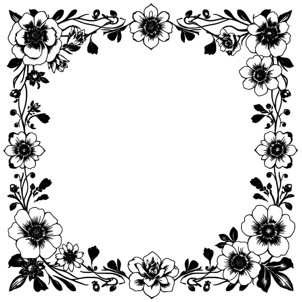 ornate black and white floral frame with blossoms, vines, leaves, and empty center. vector