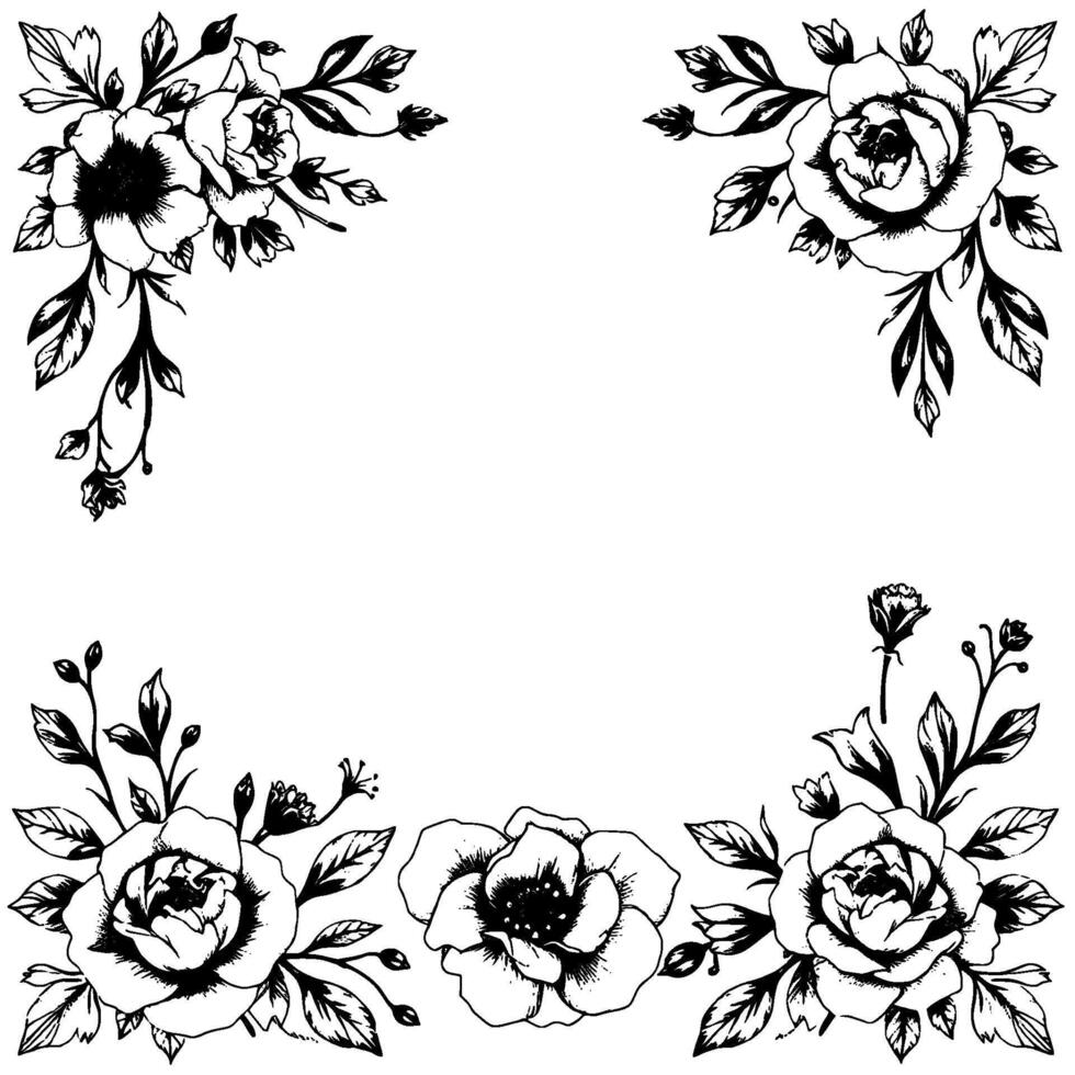 elegant black and white floral border with roses, leaves, and delicate botanical elements, suitable for invitations. vector