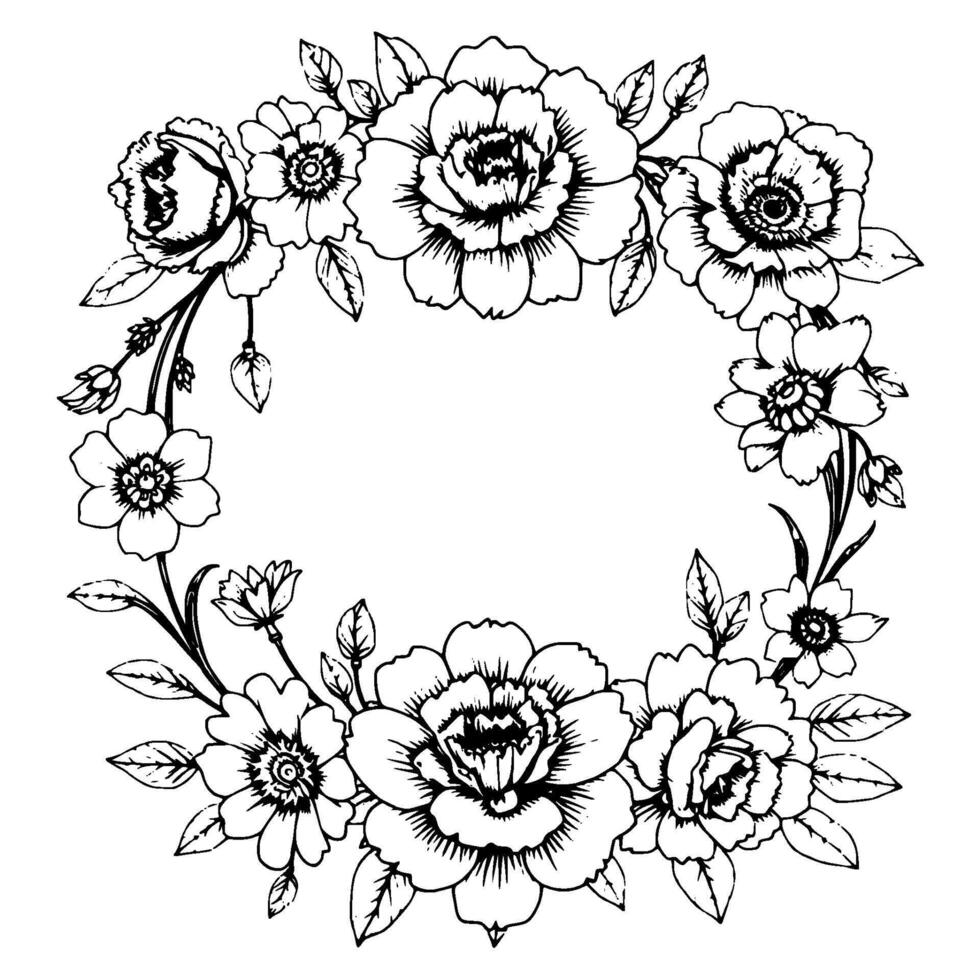 intricate black and white floral wreath illustration peonies, roses, and other blooms in a delicate, artistic line drawing. vector