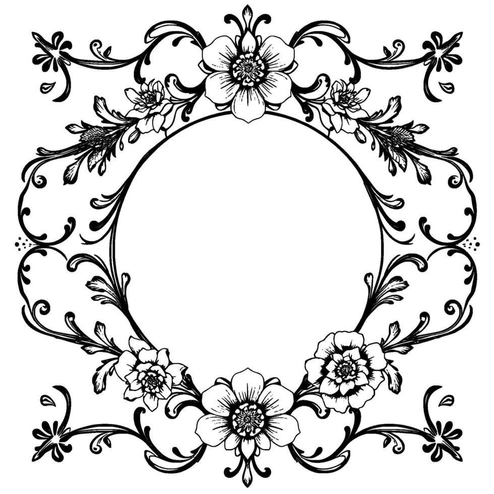 elegant black and white floral circular frame with stylized flowers, leaves, and flourishes, perfect for invitations or elements. vector