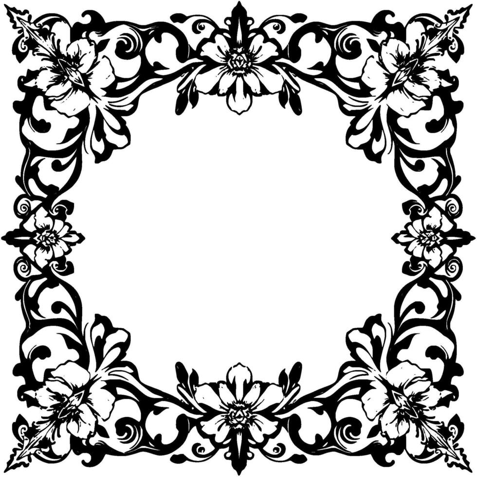 ornate black and white floral frame with detailed swirls and flower motifs, isolated on white, with an open center vector