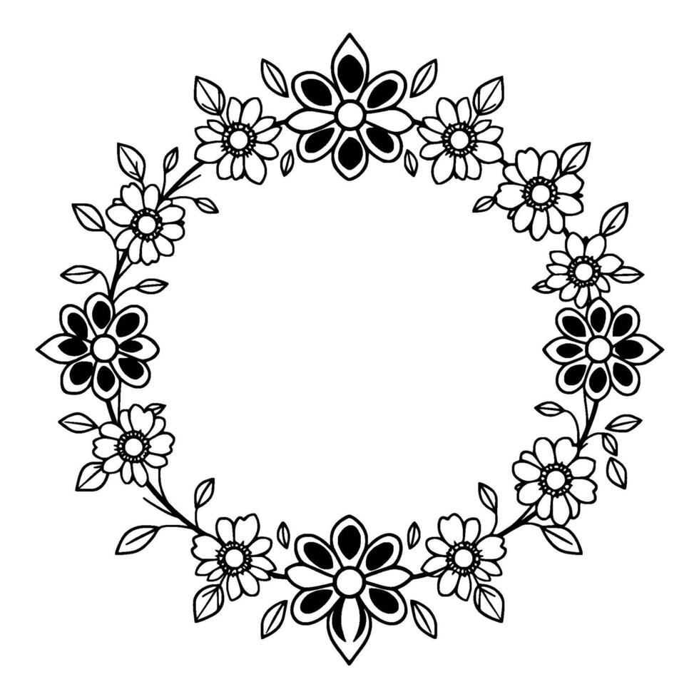 elegant black white floral wreath illustration a symmetrical featuring stylized flowers, leaves, and vines arranged in a circular pattern. vector