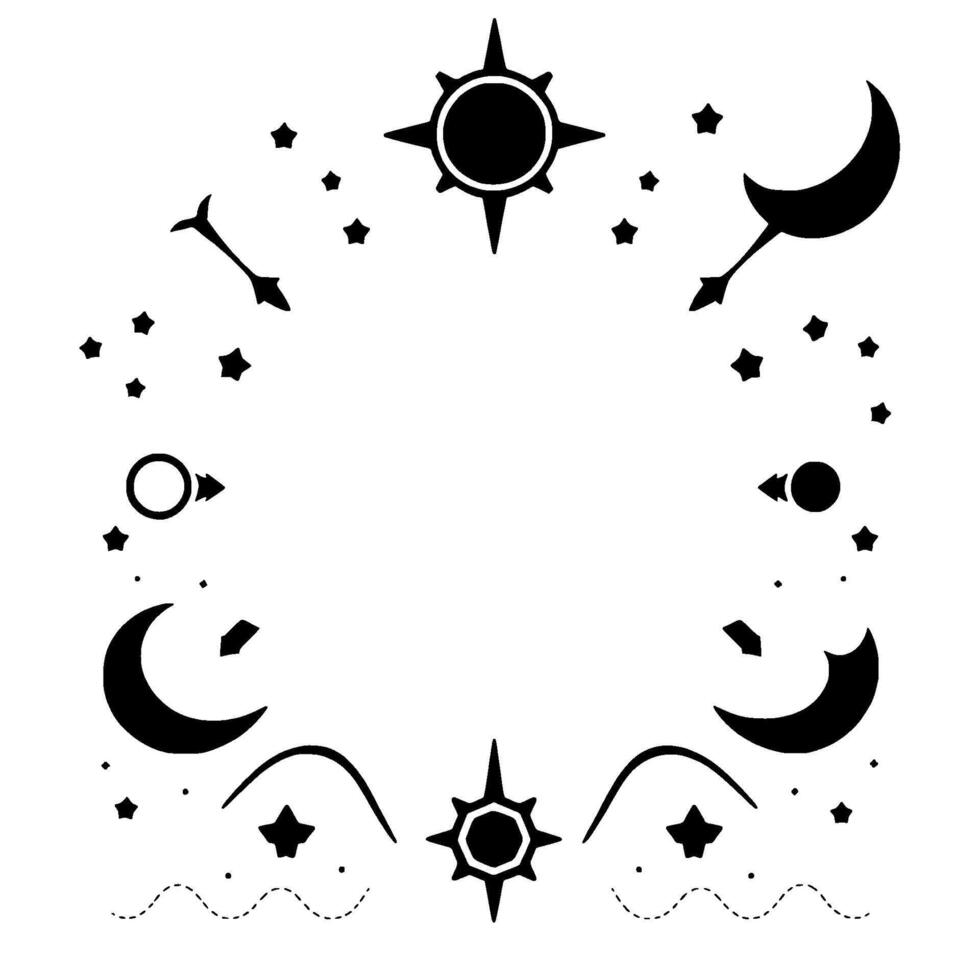 celestial ring a minimalist black and white illustration featuring stars, moons, arrows, and sun symbols, creating a circular arrangement. vector