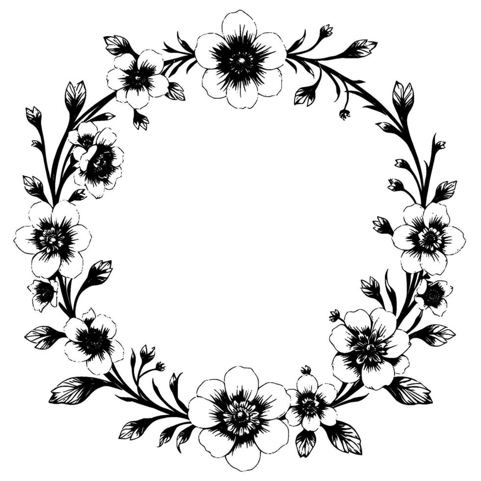 an elegant, monochrome floral wreath showcasing detailed petals and leaves, offering a refined, minimalist aesthetic with an open, inviting center. vector