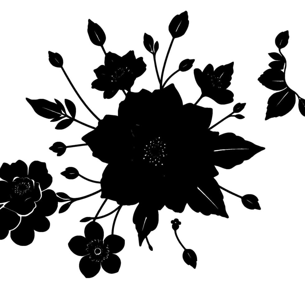 elegant black floral arrangement, silhouetted against a white background. a delicate and detailed botanical illustration. vector