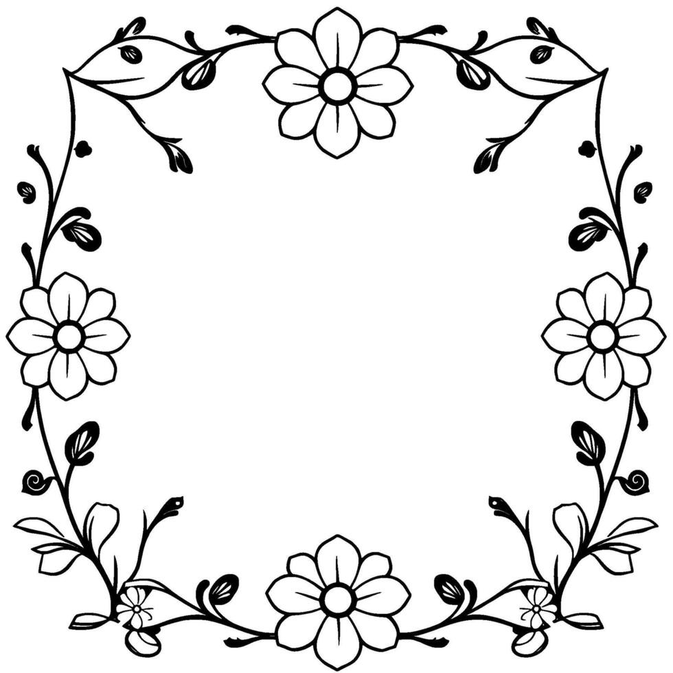 elegant floral frame black and white square border with daisylike flowers, vines, and leaves for decorative elements vector