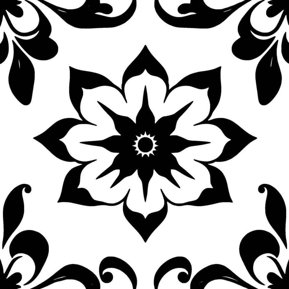 symmetrical floral pattern in high contrast, featuring bold black petal designs against a bright white backdrop, with elegant, symmetrical decorative details. vector